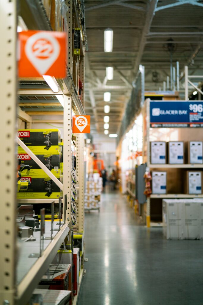 Store aisle lined with colorful packaged products, representing digital shelf visibility