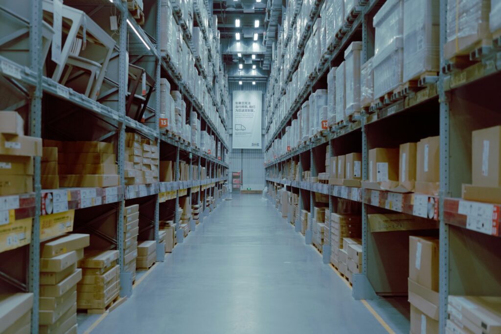 Large distribution center with long rows of high-bay shelving