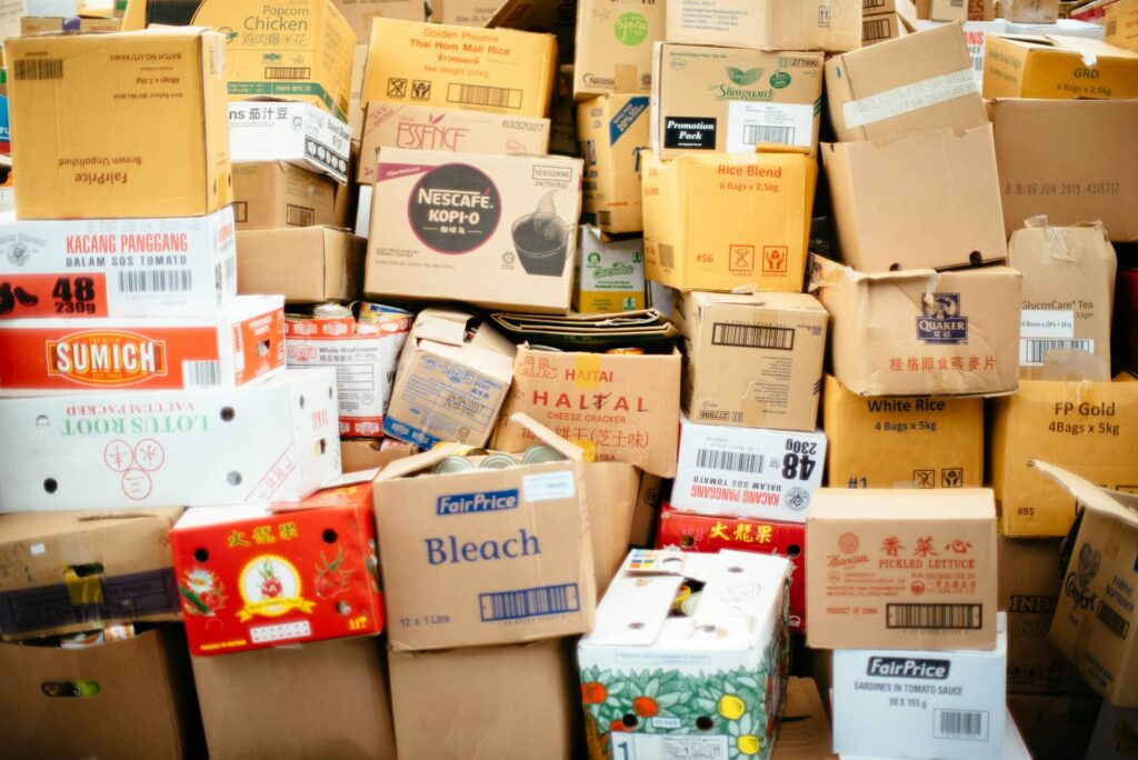 Packed cardboard boxes of customer orders ready to ship