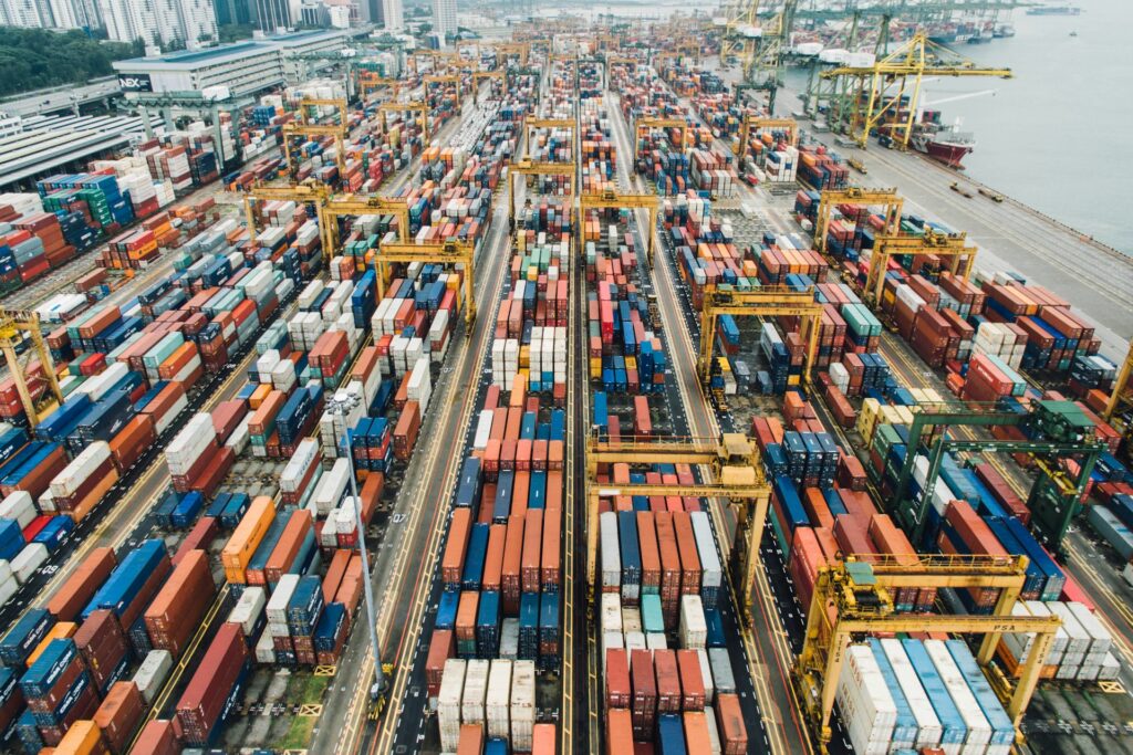 Aerial view of cargo crates in a distribution yard