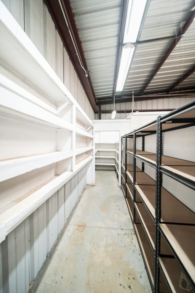 Long row of warehouse shelving used for wholesale inventory storage